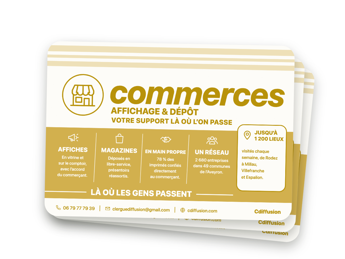 Affiches et magazines déposés chez les commerçants en Aveyron